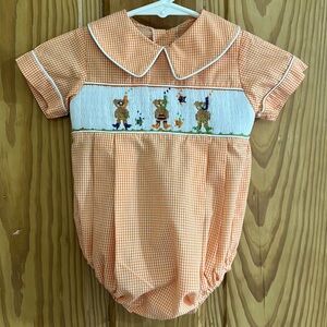 Castles and Crowns ~ Orange Gingham Romper ~ 6M